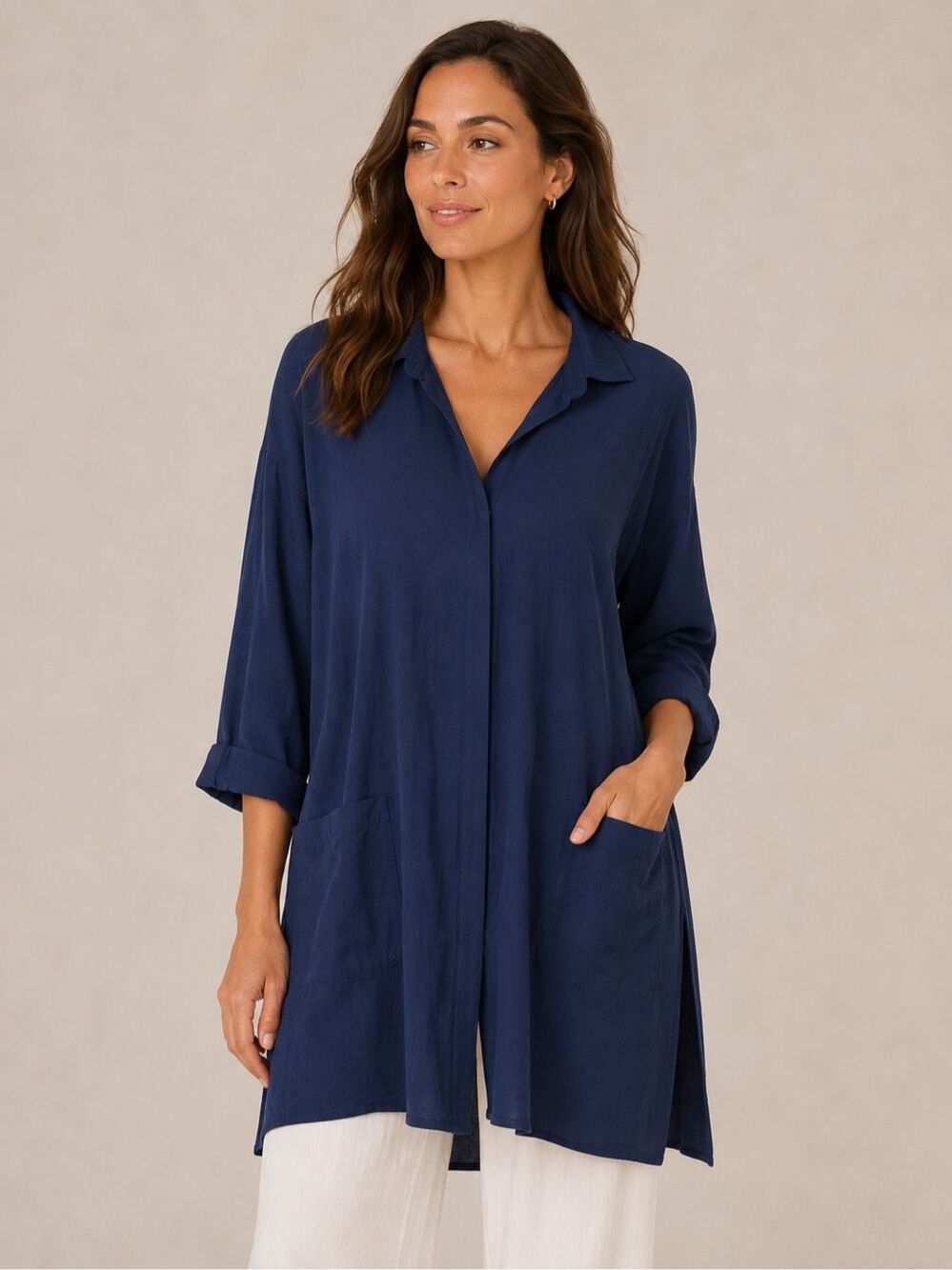 Sun Kim Navy Blue Teal Flowy Tunic Size 2X Lagenlook Artsy Pockets Buttons